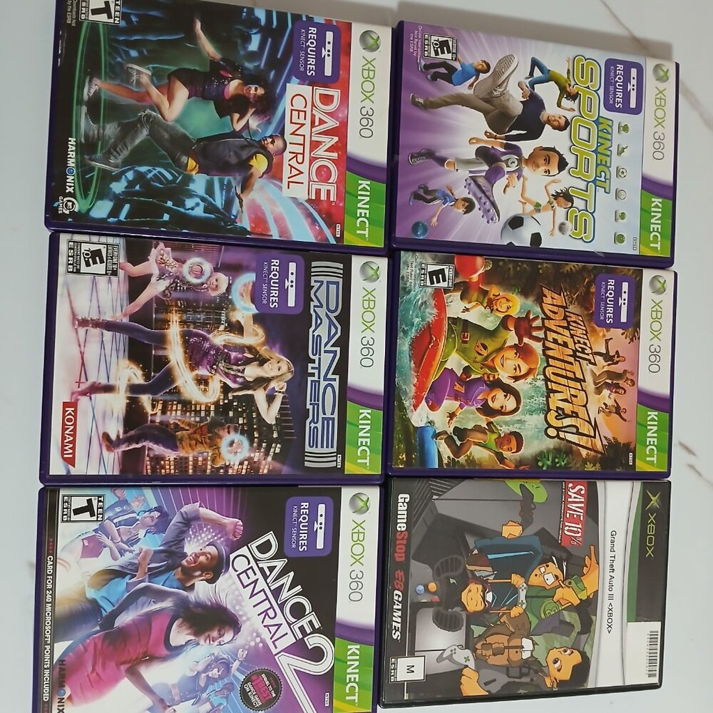 Lot 6 xbox games KINECT sport, adventure, dance central 1 &2, dance masters and